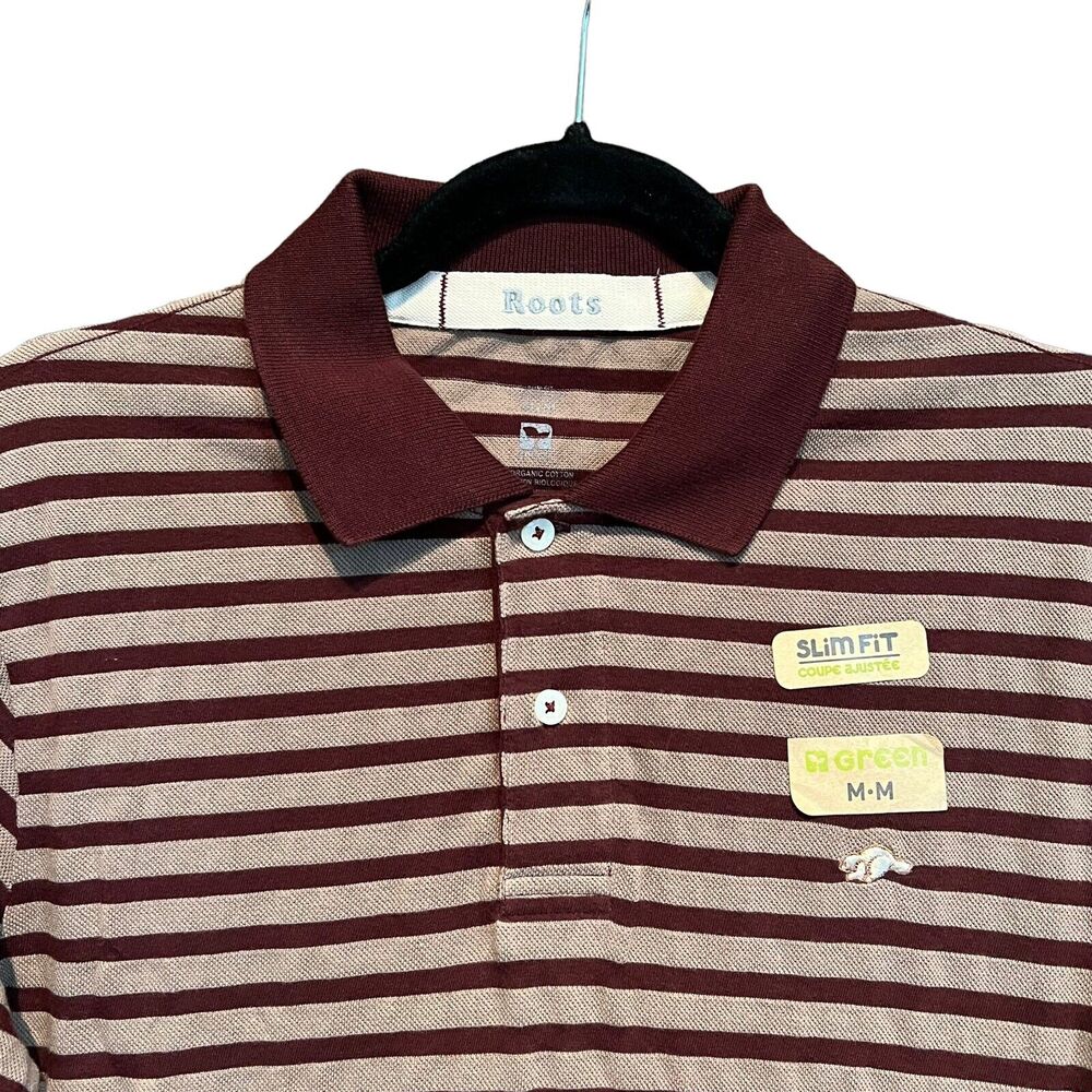 NEW Roots Pique Polo Shirt Slim Fit Burgundy Taupe Striped Beaver Logo Medium - Picture 4 of 12